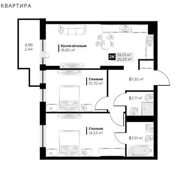 2-комнатная квартира по адресу (площадь 59 м²) - Atlanta.ua - фото 19